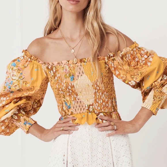 Spell x Free People Freda Shirred XS Yellow Organic Cotton Patchwork Smocked Top - Picture 3 of 16